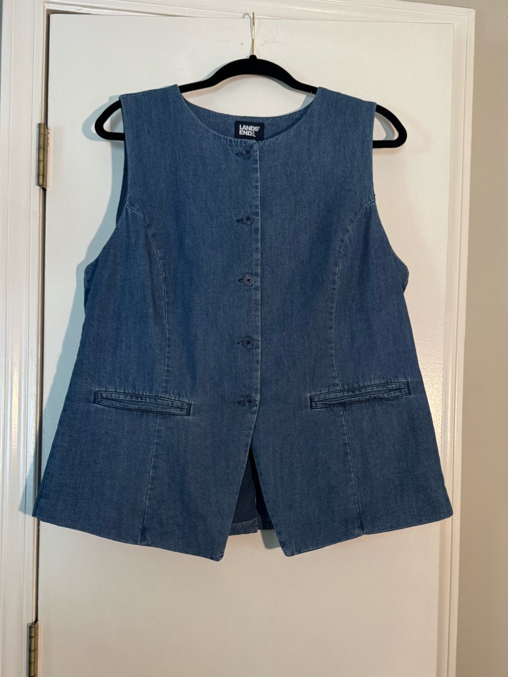 Lands' End Denim Sleeveless Button Vest in Blue 100% cotton womens boho summer